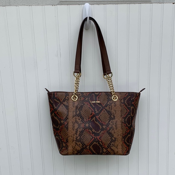 Calvin Klein Handbags - CALVIN KLEIN HAYDEN SNAKE FAUX PYTHON SNAKESKIN PRINT TOTE WITH LEATHER STRAPS 1